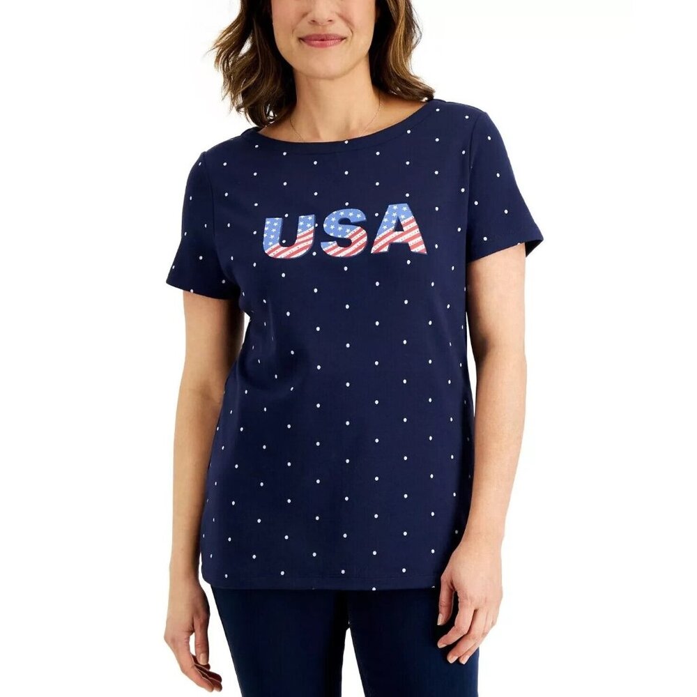 Karen Scott Women's Petite Size PS Embellished USA Flag Cotton Top PM144AFA